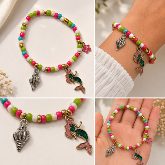 Pulsera Elástica | charms : sirena, caracol y flor