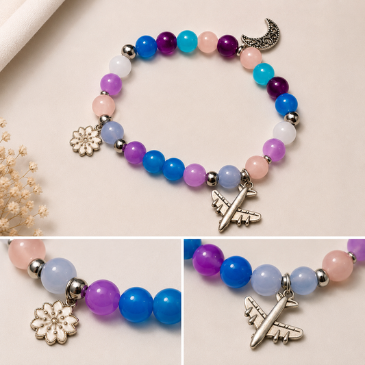 Pulsera Elástica | charms : flor, avión y lunas