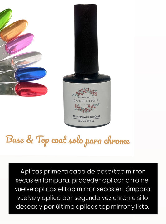 Base / Top coat Mirror Powder (Solo para CHROME )
- Sin olor
- Transparente
- 2 en 1: capa base y top 
- Fuerte adhesión
- Aplicar antes del polvo para espejos para crear efecto y luego de top
