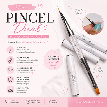 Pincel dual con punta fina y punta ovalada, ideal para nail art, líneas delicadas, aplicación de gel y detalles con mayor precisión.