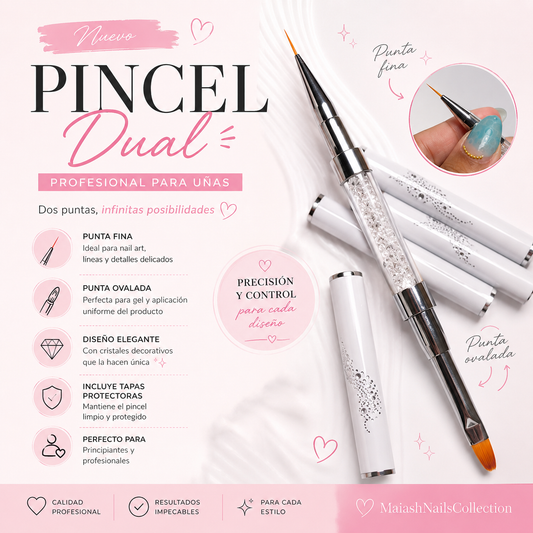 Pincel dual con punta fina y punta ovalada, ideal para nail art, líneas delicadas, aplicación de gel y detalles con mayor precisión.