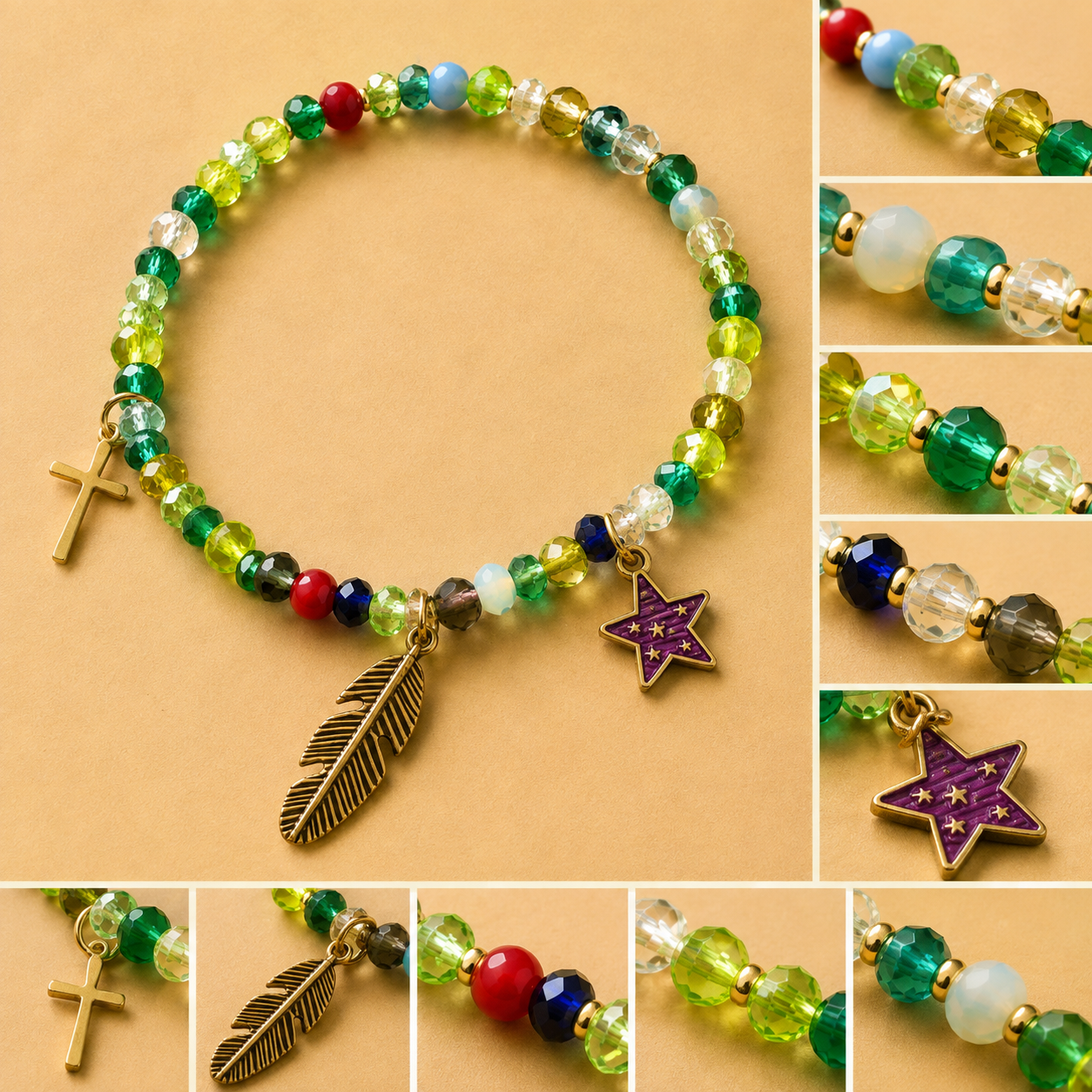Pulsera Elástica | charms : Cruz, pluma y estrella