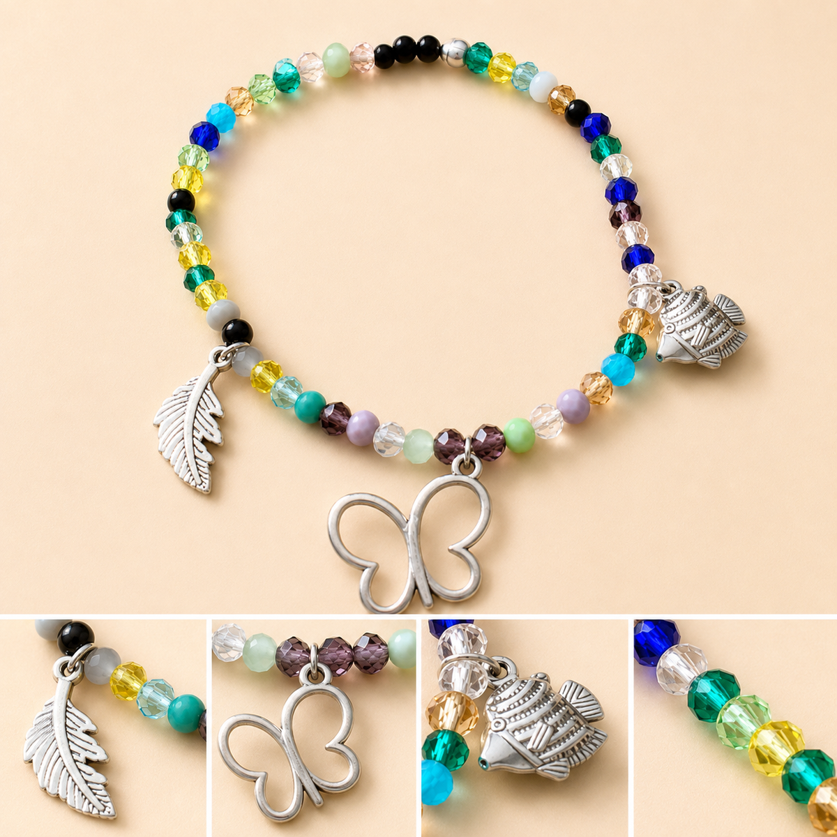 Pulsera Elástica | charms : pluma, mariposa y pez