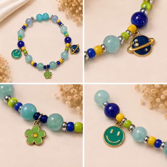 Pulsera Elástica | charms : planeta, flor y Smile
