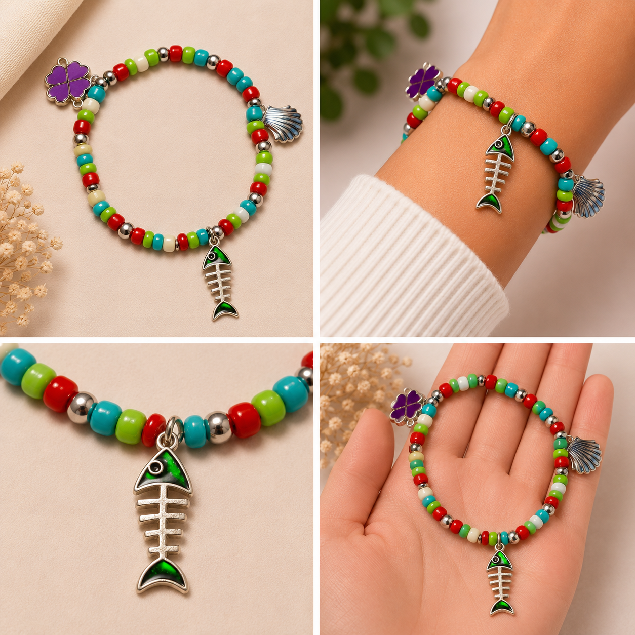 Pulsera Elástica | charms : flor, concha y pez