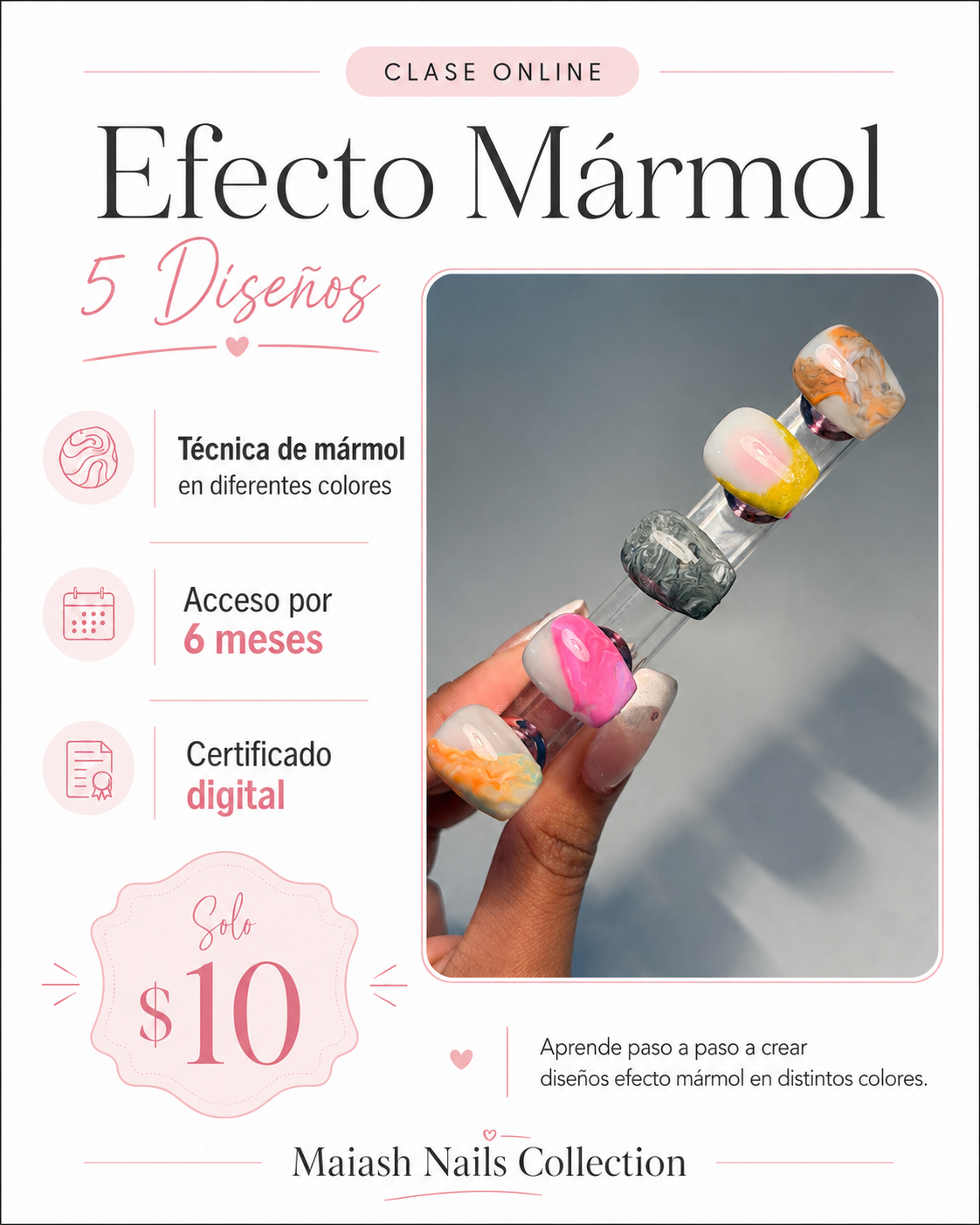 Clase Online - Set MÁRMOL Nails – 5 Diseños Acceso 6 Meses | Plataforma para la clase facebook