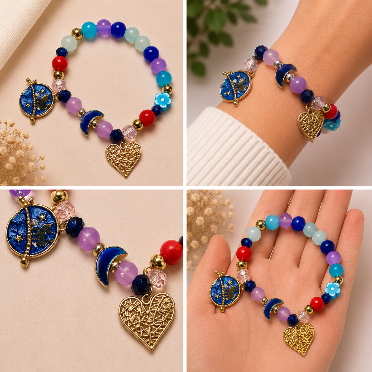 Pulsera Elástica | charms : Luna, corazón y gato