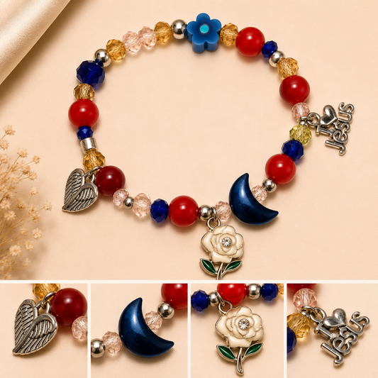 Pulsera Elástica | charms : Luna, corazón, flor y Jesús