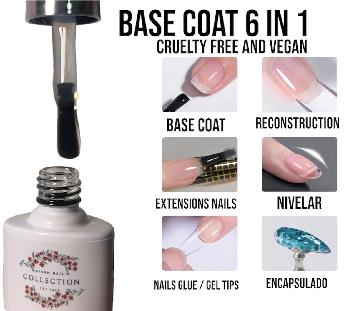 Base Coat 6 en 1 • #601 -  Funciona para base antes de cualquier producto/ para  pega de Gel tips/ para reconstrucción de uñas / para alargamiento de uñas, para nivelación / para encapsulado, pega de diamantes y accesorios.